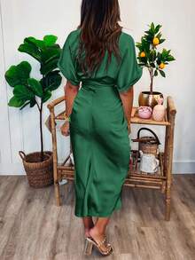 Women's Satin SIlky Button Down Ruched Shirt Dresses Short Sleeve Lapel V-Neck Belted Dress Elegant Spring Summer Wedding Evening Valentine Long Midi Dress - 深綠色 - 查看 2