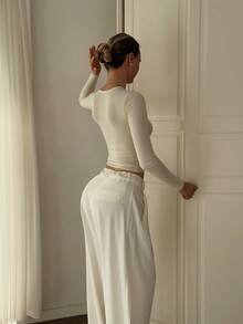 Basic Minimalist Crew Neck Double Layer Seamless Fitted Long Sleeve Top Casual Spring - Apricot - View 4