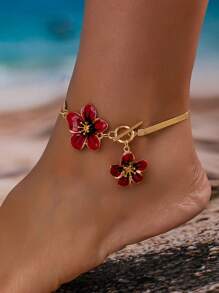 1 件时尚白色花卉简约优雅女式脚链，适合度假和派对 - 紅黑色滴油款 - 查看 1