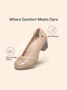 Women's  Chunky Low Block Pumps Closed Toe Shoes Comfortable Elegant Work Office Heels Round Toe Dress Shoes - 杏色 - 查看 9