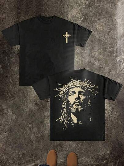 Jesus With Crown Of Thorns (220 Cotton T-Shirt) Men's Round Neck And Short Sleeves, Casual Cotton, Casual Fashion, Suitable For Indoor And Outdoor Wear And Holiday Gifts