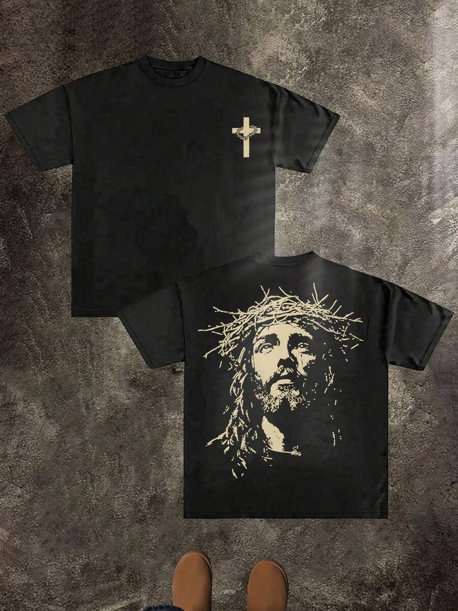 Jesus With Crown Of Thorns (220 Cotton T-Shirt) Men's Round Neck And Short Sleeves, Casual Cotton, Casual Fashion, Suitable For Indoor And Outdoor Wear And Holiday Gifts - 黑色 - 查看 1