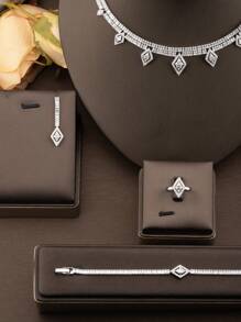 1 Set Elegant Cubic Zirconia Rhombus Jewelry Set, Includes 1 Pair Earrings, 1 Necklace, 1 Bracelet, 1 Ring, Suitable For Women Wedding Party, No Gift Box