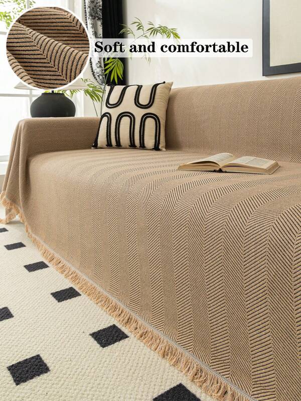 1pc Herringbone Pattern Solid Color Sofa Cover, Modern Versatile Sofa Throw, Seasonal With Tassels, Washable Polyester Fabric, Suitable For Single, Double, Triple, And Quadruple-Seater Sofas, Home Decor Sofa Protective Cover.