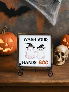 1pc 10*10cm/15*15cm Halloween Mini Bathroom Decor Painting, Wooden Halloween Witch Hat Ghost Design Bathroom Door Decoration, "Boo" Handwashing Reminder Decor With Cute Ghost, With Stand, Indoor/Outdoor Use, Horror Home Decor, Room Decoration, Halloween Desktop Ornament, Living Room Bathroom Decoration - Halloween Ghost - View 3