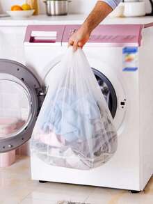 Pacote com 1 bolsa de malha para lavanderia com cordão, bolsa grande de poliéster branco para máquina de lavar, bolsa para guardar roupas íntimas, bolsa para guardar meias, adequada para banheiro, organização de roupas, armazenamento doméstico, armazenamento em dormitório, volta às aulas, viagem de negócios, itens essenciais para viagem, dia do professor - Branco - Ver 3