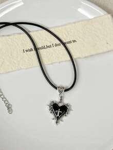 Dây chuyền da hình trái tim gai đỏ phong cách Gothic cổ điển, dây chuyền choker thánh giá tối màu phóng đại cho lễ Halloween - Trái tim - Xem 9