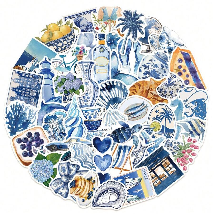 50pcs Ocean Theme Stickers, Blue Aesthetic Sticker Set, Watercolor Beach Holiday Stickers, Azure Blue Stickers, Fashionable INS Stickers, Waterproof Vinyl Stickers Suitable For Laptop, Bumper, Skateboard, Water Bottle, Computer, Phone