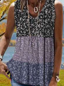 Summer New Color Block Splicing Small Floral Print Fashionable Casual Vacation Style Women's Vest - 藏蓝色 - 查看 3