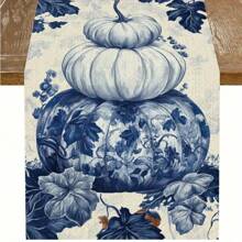 1pc,Table Runner, Thanksgiving Blue And White Porcelain Pumpkin Pattern Printed Linen Table Flag, Home Decor, Suitable For Dining Tables, Universal Seasonal Decoration, Modern Style Washable Table Flag, Heat-Resistant, Stain Resistant, Room Decoration, Table Mat, Kitchen Table Mat, Party Decoration, Home Decoration, Ideal Thanksgiving Gift