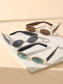 3pcs Plastic & Metal Multicolor Oval Full Frame Decorative Personalized Design Versatile Women's Fashion Glasses, Suitable For Summer Driving, Street Photography, Music Festivals, Carnivals And Other Fashionable Accessories - 3pcs Gold, Silver, Tea, Gray and Green Combination - View 3