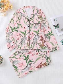 Conjunto de pijama de 2 piezas con estampado floral y de tigre para mujer en otoño e invierno, top de manga larga con cuello de solapa y pantalones sueltos de cintura elástica, ropa de casa casual, conjunto de dos piezas, ropa de otoño - Rosa - Ver 9