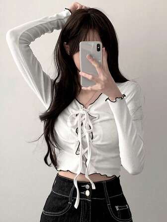 Gal Fashion 女士 V 领长袖修身系带套头衫，春秋季