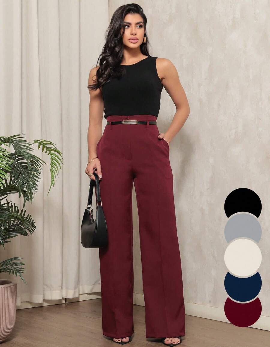 Women's Pantalona Pants Tailoring With Belt - Màu Đỏ Sâu - Xem 1