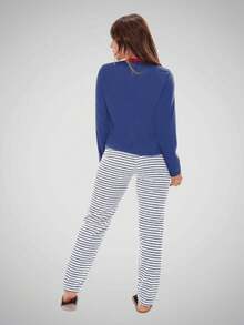 Women's Winter Long Pajamas Women Knitted Fabric Long Sleeve - Màu xanh hải quân - Xem 5