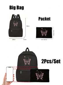 Butterfly Print Large Backpack, Suitable For Teenage Girls, Fashion Black Backpack For Teenagers Classic Long Zipper Wallet, Large Capacity Zipper Wallet (Color And Style Random) Back To School Laptop Bag With Pencil Case, Fashion Backpack With Pencil Case Back To School Laptop Bag With Pencil Case, Fashion Backpack With Pencil Case - Black - View 5