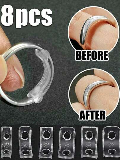 8pcs Resin Ring Adjuster, Invisible Ring Sizer Pads, Suitable For Loose Rings, Fits All Finger Sizes. Invisible Ring Sizer Adjuster, Suitable For Loose Rings - Multiple Finger Sizes Available, Comfortable And Protective. Adjustable Clear Tightener, Size Adjustment Tool, Jewelry Protector, Suitable For Loose Rings.