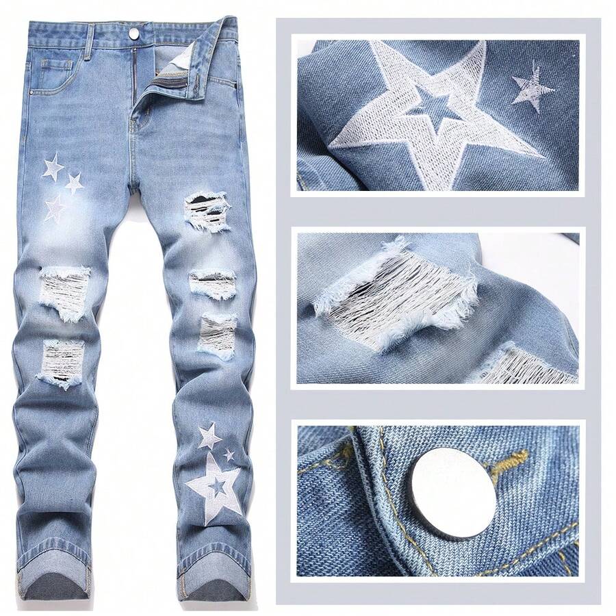 Men's Heavy Embroidered Five-Pointed Star Casual Couple Straight Jeans Ripped Distressed Slim Jeans For Women - Màu xanh lam - Xem 1