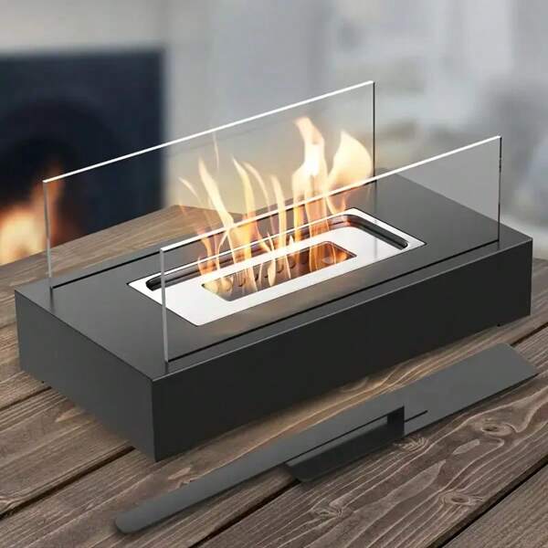 Lámpara de chimenea de alcohol portátil - Diseño rectangular de sobremesa, construcción de vidrio y metal para ambiente al aire libre y parrillada, regalo de Navidad y Halloween