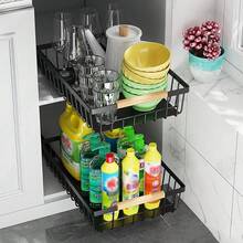 1 Piece/2 Pieces Extendable Cabinet Organizer, No Drill Pull Out Shelves For Cabinets, Multifunctional Sliding Mesh Cabinet Basket For Kitchen Pantry Bathroom Bedroom, Black - 黑色 - 查看 3