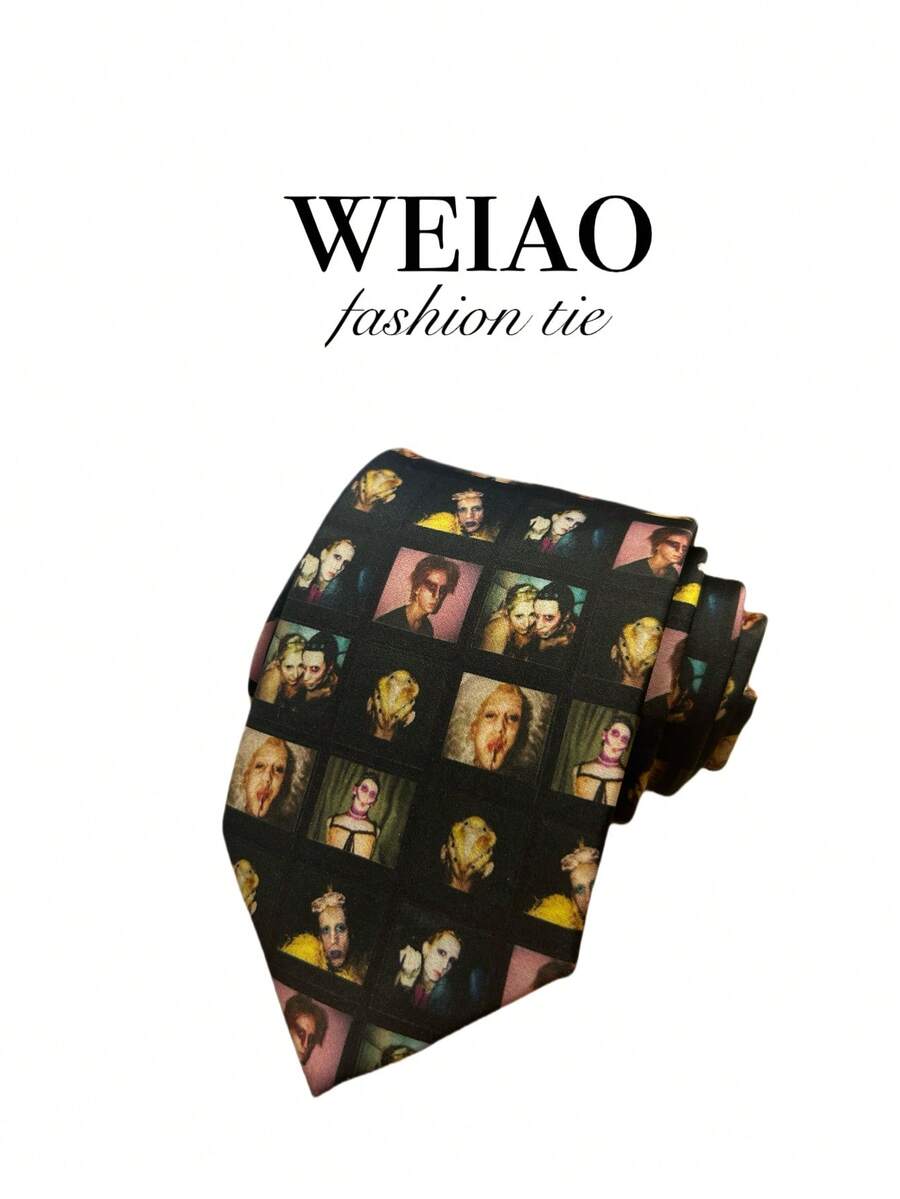 1pc Unisex Cyberpunk Subculture Portrait Graphic Necktie, Fashionable & Stylish - Multicolor - View 1