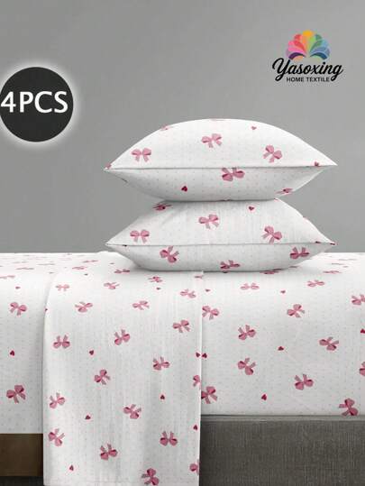 4 件套蝴蝶结心形爱心图案床单套件，易于护理超细纤维柔软床上用品套装花卉床笠套件（1 件床单+1 件床笠+2 个枕套）床笠套件特大号双人床尺寸床单深口袋最大 11.8 英寸枕套，柔软透气防皱，更适合睡眠，豪华酒店风格，送给妈妈爸爸朋友宿舍床上用品返校床上用品的礼物