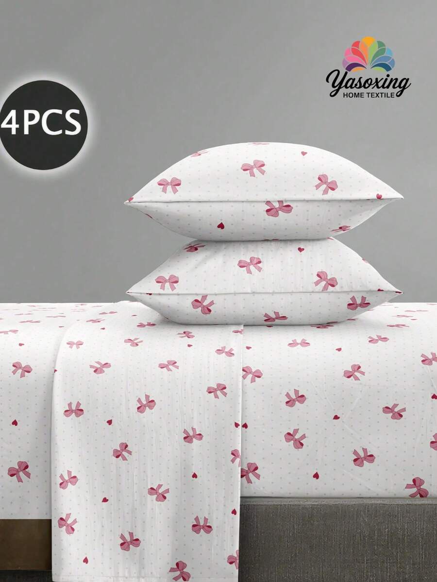 Juego de sábanas de 4 piezas con estampado de arco, corazón y motivos florales en tela de microfibra suave y de fácil cuidado. Incluye 1 sábana plana, 1 sábana ajustable, 2 fundas de almohada. Disponible en tamaños King, Queen, Full y Twin con bolsillo profundo de hasta 30 cm. Ideal para regalo, estilo de hotel de lujo, facilita el sueño. Perfecto para dormitorios universitarios, regreso a la escuela.