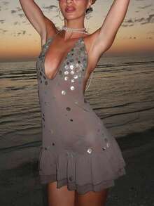Women Sparkly Sequin Mini Halter Dress Sleeveless Backless Glitter Rhinestone Beaded Short Mini Dress Party Clubwear - Xám - Xem 8