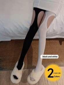 1双装 - 天鹅绒镂空个性连裤袜，微透明白色蕾丝塑身吊带连体袜（女士款） - 彩色 - 查看 3