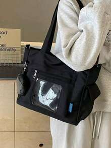 Túi xách đeo vai 2 trong 1 đa năng, thời trang cổ điển, màu trơn, thiết kế viền trong suốt, dung tích lớn, kiểu dáng sinh viên, túi vải canvas thường ngày cho nữ, túi du lịch, phù hợp cho trường học và du lịch. - màu đen - Xem 3