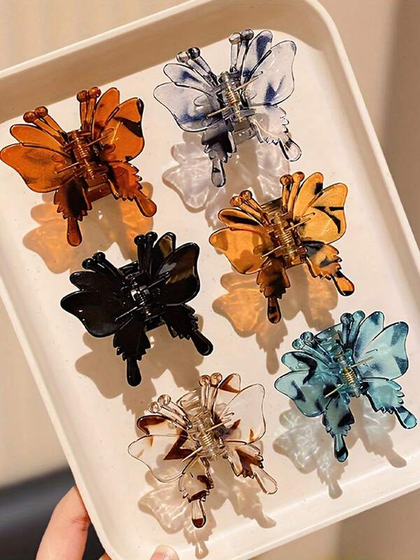 6pcs Lemon Heart Butterfly Hair Clips - High Grip Resin Hair Accessories, Mixed Colors (Black, Orange, Blue, Green, Transparent, Gold), Suitable For Girls And Teenagers, Suitable For Daily And Formal Styles All Year Round