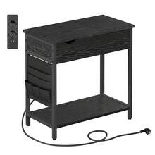VASAGLE Mesa Auxiliar con Multienchufe, Mesa Lateral Estrecha con Puertos USB, Sacos, Mesita de Noche, para SalÓn, Dormitorio, Color Negro con Grano de Madera - Negro - Ver 7