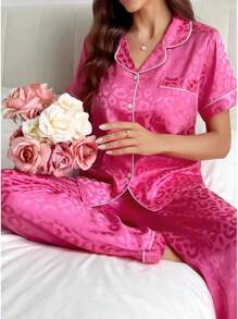Women's Cactus Satin Pajamas Set Short Sleeve Button Down Nightwear With Long Pants Pajama Sets For Women Halloween Christmas New Year - 粉紅色仙人掌 - 查看 10