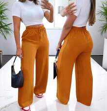 Women's High Waist Wide Leg Pants With Pocket - 芥末黃 - 查看 1