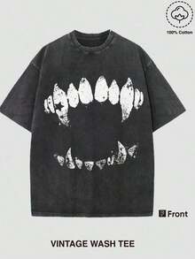 1 PcsShort Sleeve T-Shirt Vintage Wash Tee Black Teeth Graphic Print Casual Daily Wear - 咖啡棕 - 查看 6