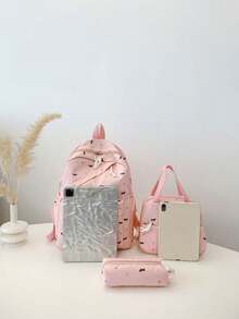 3pcs/Set Cartoon Puppy Print Backpack Set, Includes Backpack, Lunch Bag And Pencil Case, With Laptop Compartment, Adjustable Shoulder Straps, Multi-Pocket Large Capacity, Multifunctional Bookbag Set, Suitable For Women/Girls/Teens/College Students/Graduates, For Daily Use/Vacation/Travel/Back To School - Pink - View 2