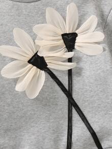 Mädchen Lässiges Blumen Dekor Rundhals Drop-Shoulder Langarm Fleece Sweatshirt Top, Herbst/Winter