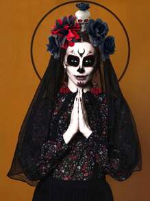 1pc Halloween Realistic Black & Red Skeleton Flower Headband, Dark Gothic Style Day Of The Dead Party Costume Accessory For Women - Multicolor - View 6