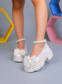 1 双女童春秋新款皮靴，蝴蝶和珍珠装饰，简约甜美公主鞋，软底舒适平底学生鞋，女童乐福鞋适合户外、派对、舞会 - 白色 - 查看 3