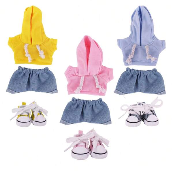 3 stuks/set 17cm poppenkleding, casual macaronkleurige effen hoodie + jeans + 3,8cm veterschoenen van canvas, geschikt voor 17cm, lente-outfit, verjaardags-/feestdag-/Halloweencadeau