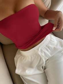 Camiseta Regata Sem Alça Sem Costura Sólida Elástica Ajustada para Mulheres Vaiaye, Regata Básica Sem Alça para Primavera/Verão, Elegante para o Dia dos Namorados