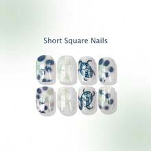 NEW Summer Beach Press On Nails Short Square Fake Nails White False Nails Press Ons With Starfish Turtle Design Reusable Artificial Nails Full Cover Glue On Nails Stick On Nails For Women Manicure 24 Pcs Fashionable And Convenient - Kiểu-33-1FlOz (Gói 24) - Xem 4