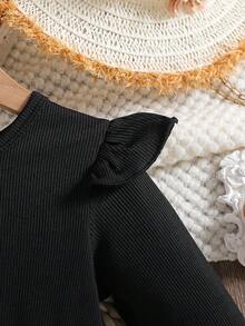 Sukienka dla dziewczynek na wiosnę i jesień, z okrągłym dekoltem, długim rękawem, spódnicą z siateczki i falbanką, wygodna, elegancka i urocza, odpowiednia do codziennego noszenia przez dziewczynki - Czarne - Zobacz 4