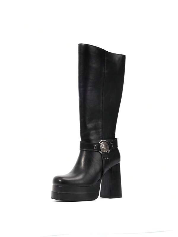 11cm Super High Heel Black Mid-Calf Riding Boots With Side Zipper
