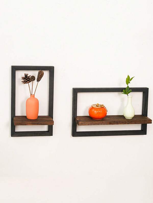 1pc Black Wooden Wall Shelf, Minimalist Square Wall Mounted Rack, Suitable For Flower Pot, Bedroom Decor