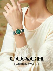 Coach 女士石英腕表，绿色可调节皮革表带，金色圆形表壳，女士礼物模拟手表，钻石珍珠贝母表盘，14503951 - 綠色 - 查看 2