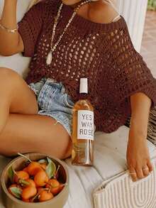 女士夏季短袖镂空套头针织毛衣，沙滩罩衫 - 棕色 - 查看 2