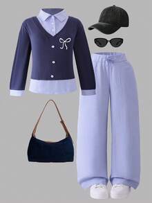 2pcs Girls Casual Bow Embroidery Striped Shirt And Wide Leg Pants Set, Spring/Autumn