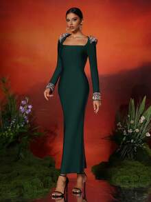 LOVE Aing 女士黑色闪亮绷带长袖紧身连衣裙，时尚长款正式礼服，适合派对、婚礼、晚宴等场合 - 墨綠色 - 查看 5