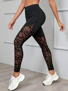 High Waist Geometric Mesh Patchwork Leggings, Slimming Yoga Fitness Workout Pants, Sexy Skinny Ankle Length Trousers